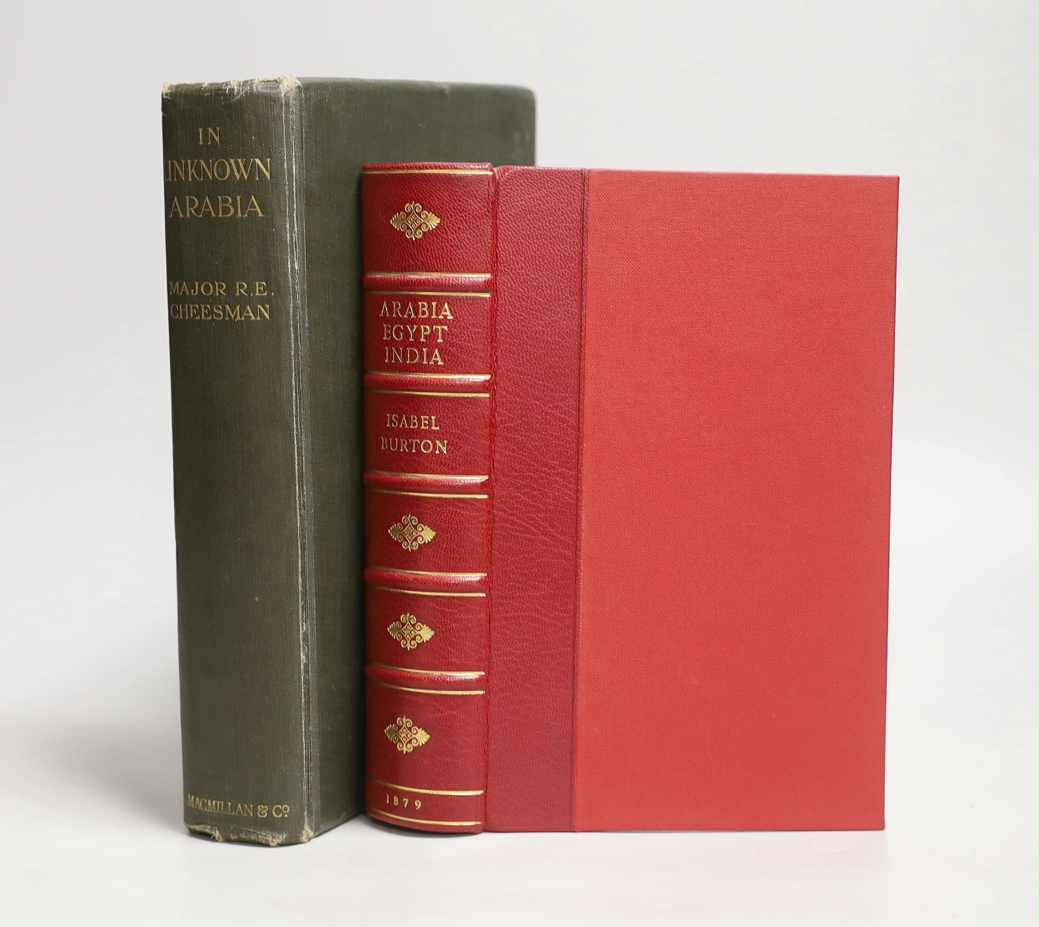 Burton, Isabel - AEI: Arabia Egypt India: a narrative of travel. 2 coloured maps (1 folded), 12 plates and engraved text illus.; newly rebound red morocco backed cloth, gilt decorated panelled spine. 1879.; Cheesman, Maj